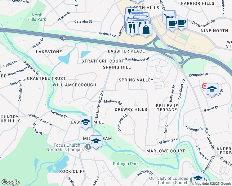 map of restaurants, bars, coffee shops, grocery stores, and more near 512 Hillandale Drive in Raleigh