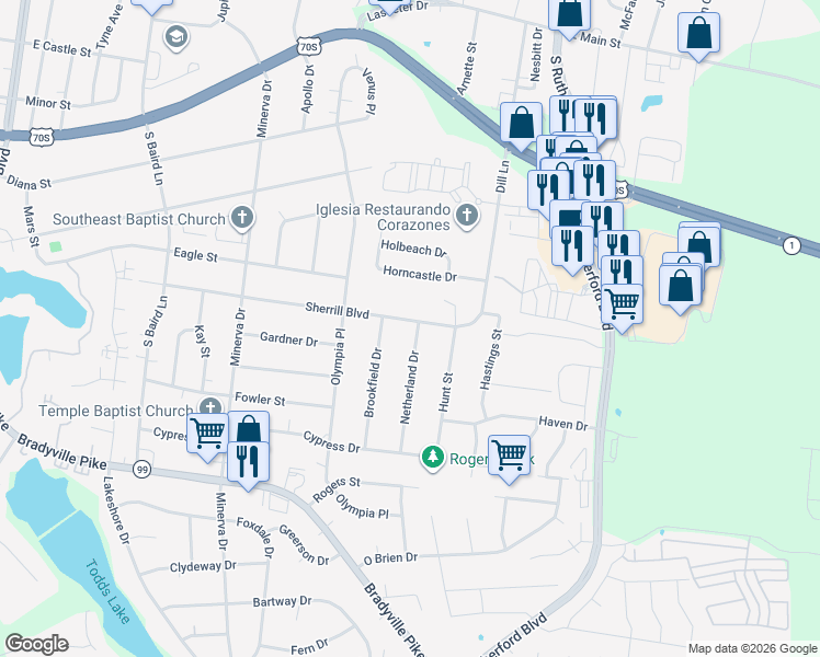 map of restaurants, bars, coffee shops, grocery stores, and more near 2027 Sherrill Boulevard in Murfreesboro