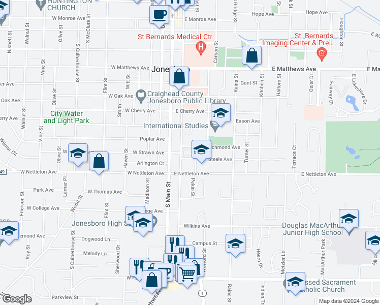 map of restaurants, bars, coffee shops, grocery stores, and more near 204 Richmond Avenue in Jonesboro