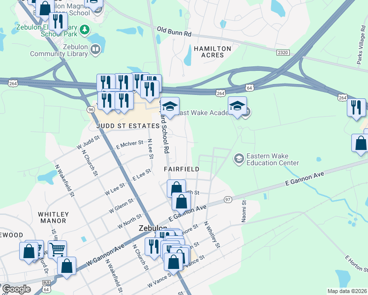 map of restaurants, bars, coffee shops, grocery stores, and more near 725 North Privette Street in Zebulon