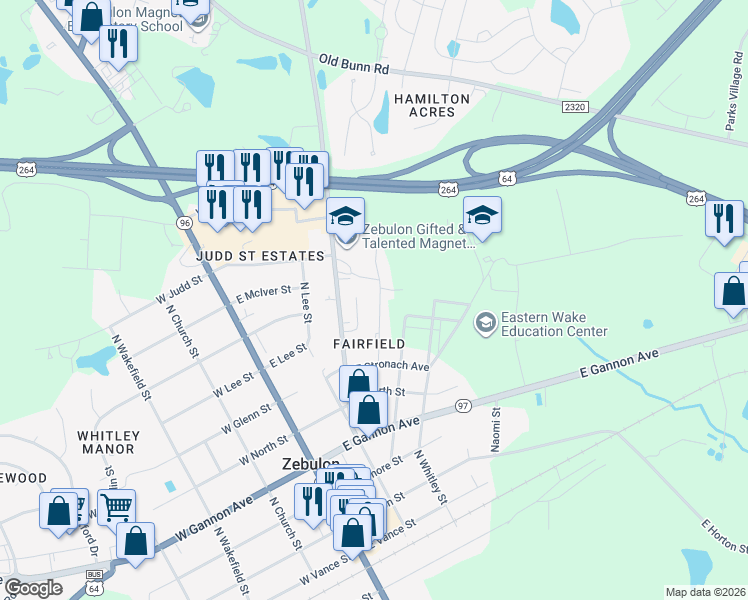 map of restaurants, bars, coffee shops, grocery stores, and more near 725 North Privette Street in Zebulon
