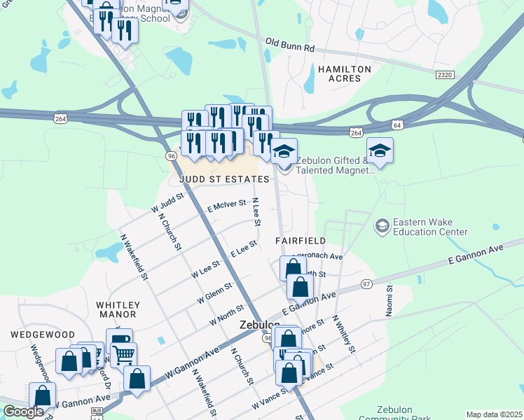 map of restaurants, bars, coffee shops, grocery stores, and more near 802 North Lee Street in Zebulon