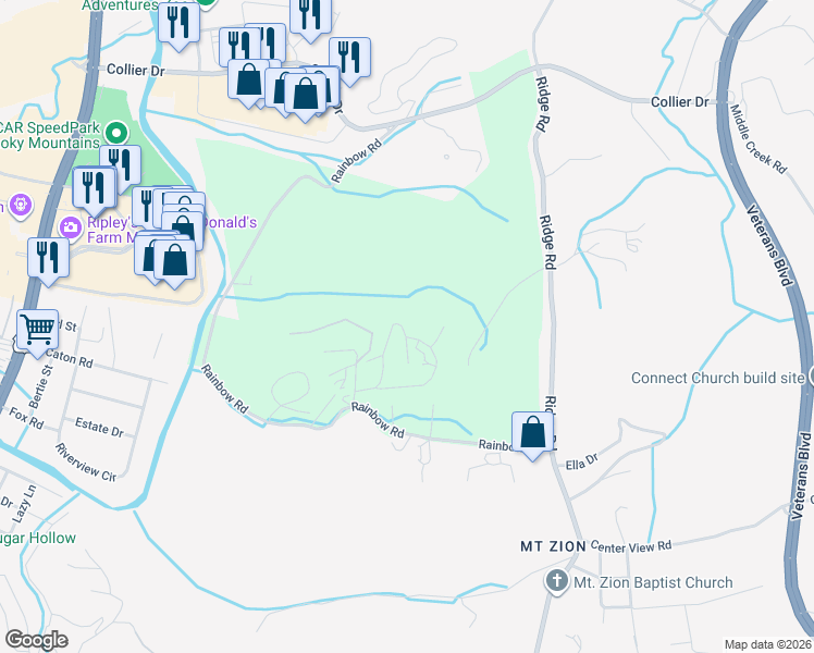 map of restaurants, bars, coffee shops, grocery stores, and more near 1563 Rainbow Ridge Way in Sevierville