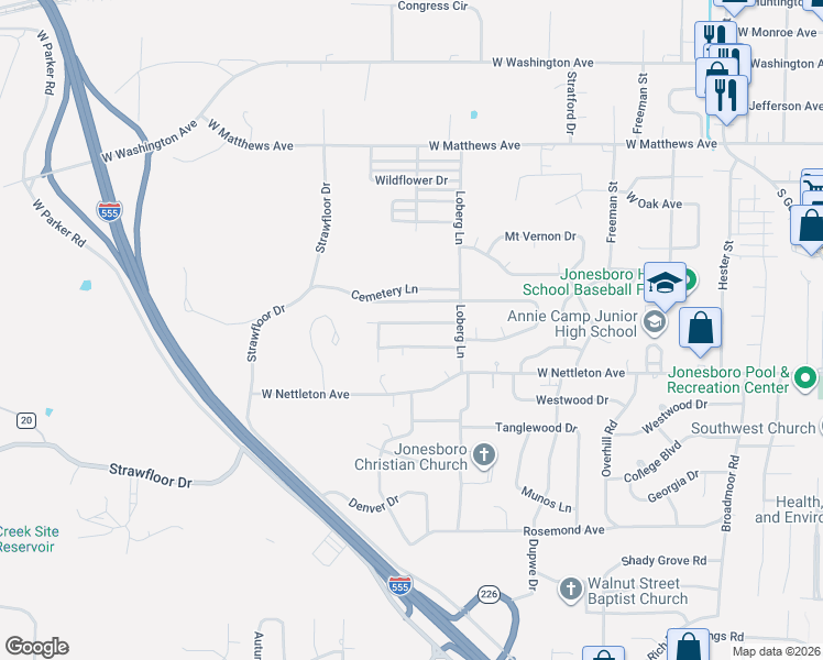 map of restaurants, bars, coffee shops, grocery stores, and more near 2114 Sweet Gum Drive in Jonesboro