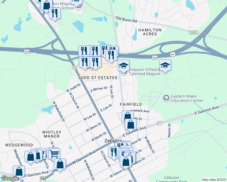 map of restaurants, bars, coffee shops, grocery stores, and more near 802 North Lee Street in Zebulon