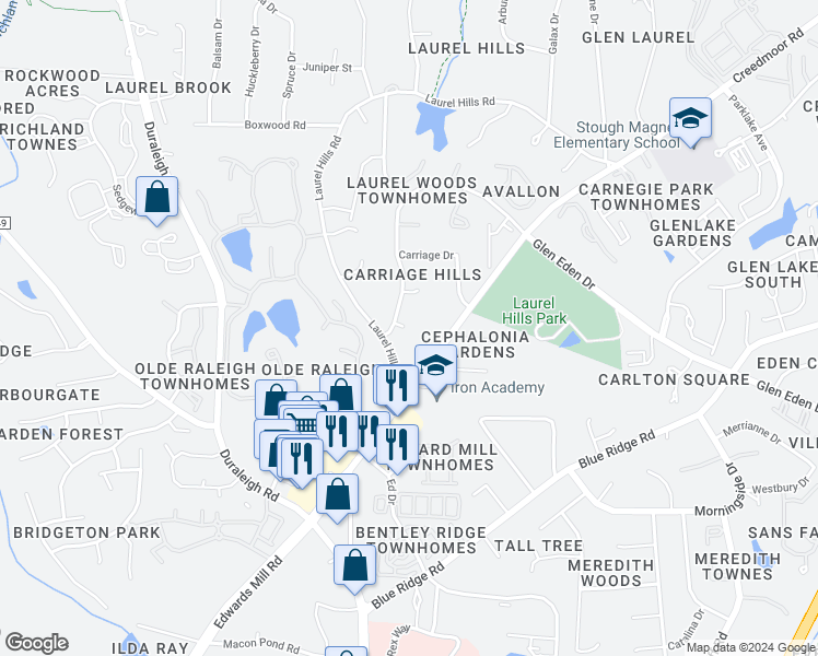 map of restaurants, bars, coffee shops, grocery stores, and more near 3508 Old Post Road in Raleigh