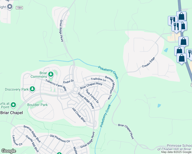 map of restaurants, bars, coffee shops, grocery stores, and more near 589 Bennett Mountain Trace in Chapel Hill
