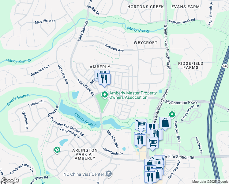 map of restaurants, bars, coffee shops, grocery stores, and more near 7612 McCrimmon Parkway in Cary