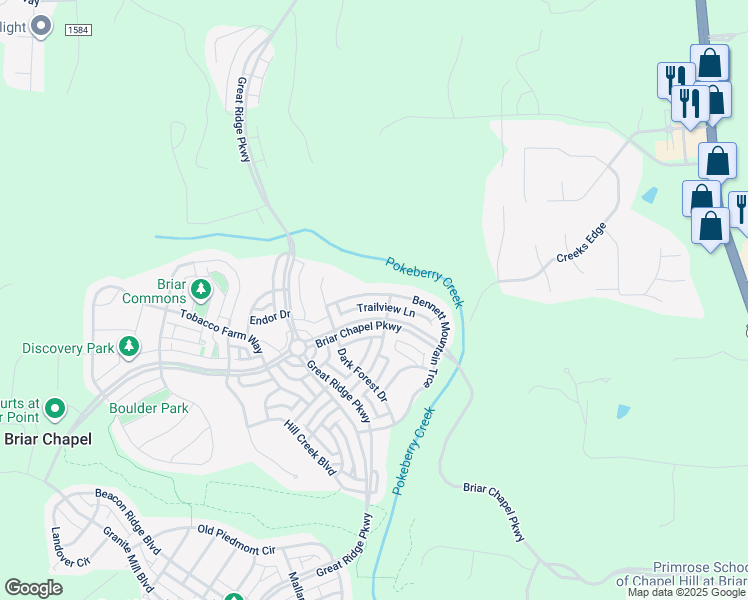 map of restaurants, bars, coffee shops, grocery stores, and more near 589 Bennett Mountain Trace in Chapel Hill