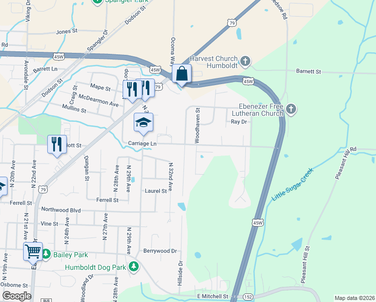 map of restaurants, bars, coffee shops, grocery stores, and more near 1412 Eastview Drive in Humboldt