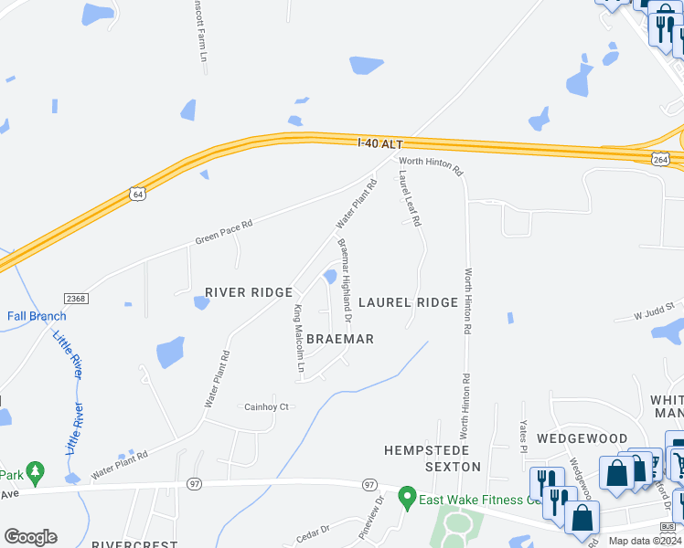 map of restaurants, bars, coffee shops, grocery stores, and more near 1204 Braemar Highland Drive in Zebulon