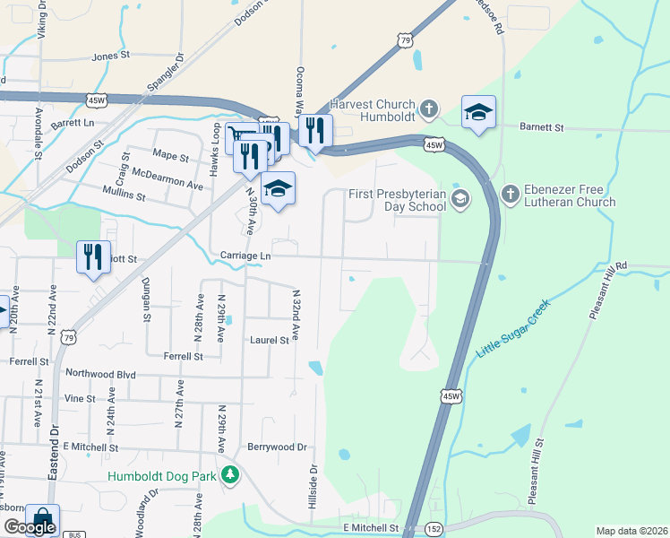 map of restaurants, bars, coffee shops, grocery stores, and more near 1412 Eastview Drive in Humboldt