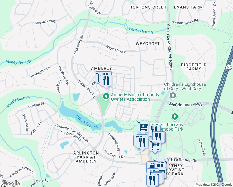 map of restaurants, bars, coffee shops, grocery stores, and more near 7612 McCrimmon Parkway in Cary