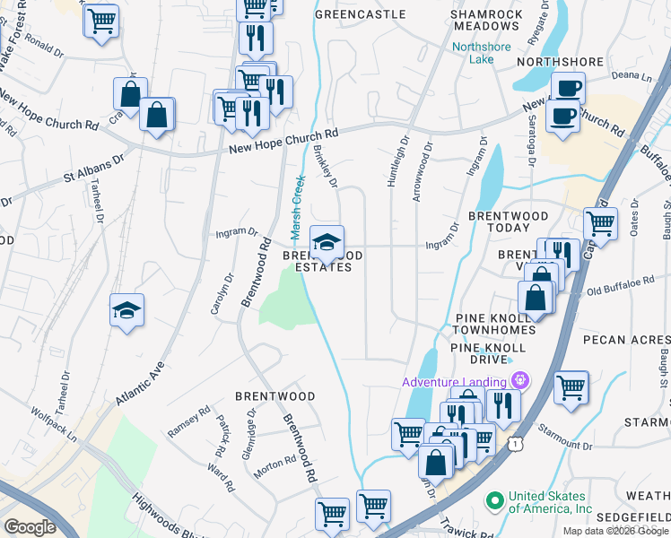 map of restaurants, bars, coffee shops, grocery stores, and more near 3426 Ingram Drive in Raleigh