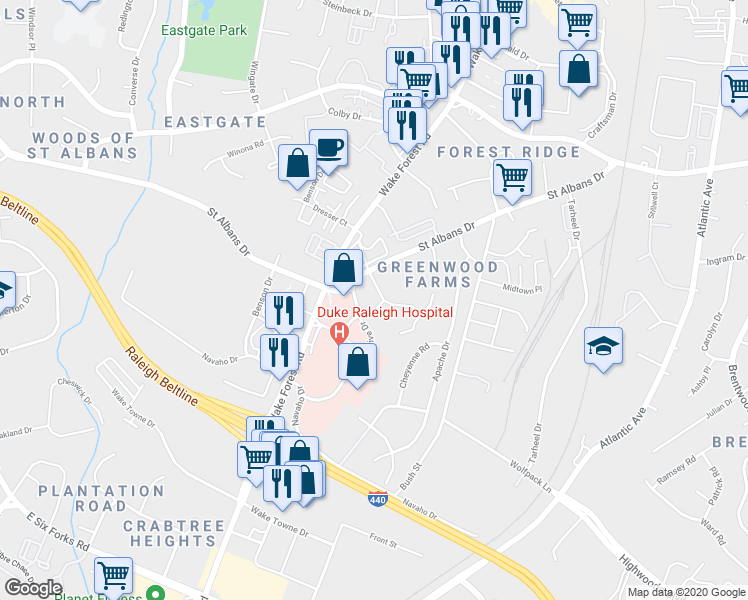 map of restaurants, bars, coffee shops, grocery stores, and more near 3604 Greenlawn Drive in Raleigh