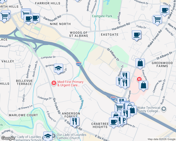 map of restaurants, bars, coffee shops, grocery stores, and more near 3312 Quail Hollow Drive in Raleigh
