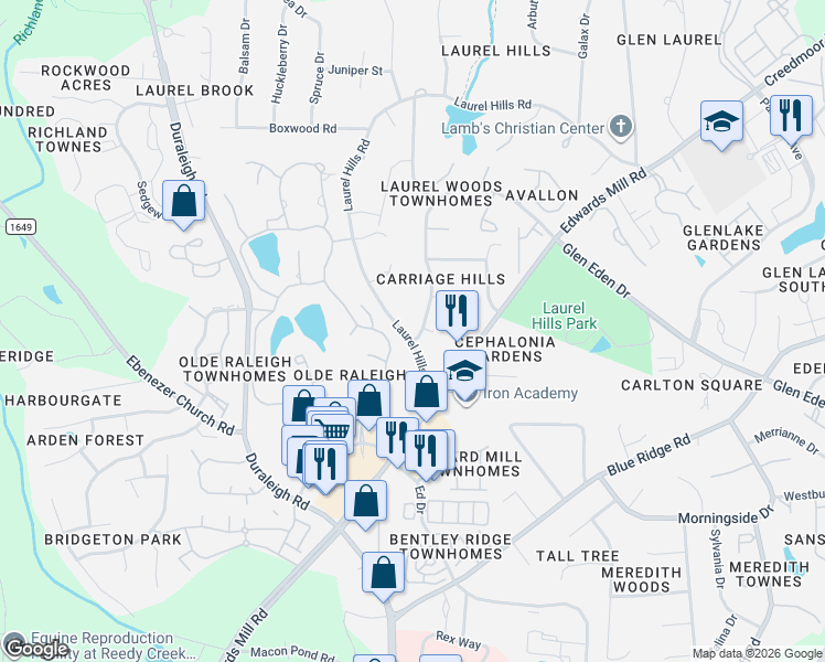 map of restaurants, bars, coffee shops, grocery stores, and more near 3508 Old Post Road in Raleigh