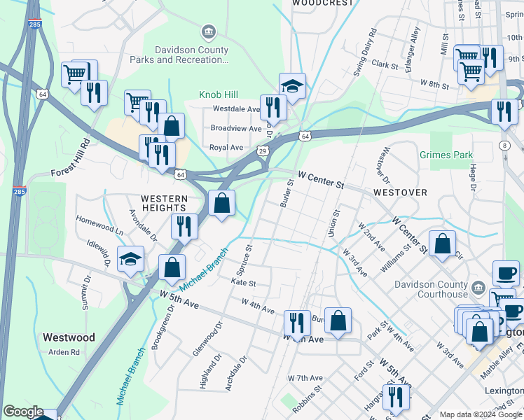 map of restaurants, bars, coffee shops, grocery stores, and more near 201 Spruce Street in Lexington