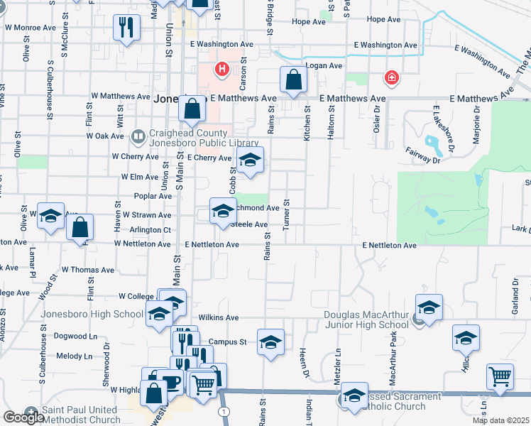 map of restaurants, bars, coffee shops, grocery stores, and more near 421 Richmond Avenue in Jonesboro