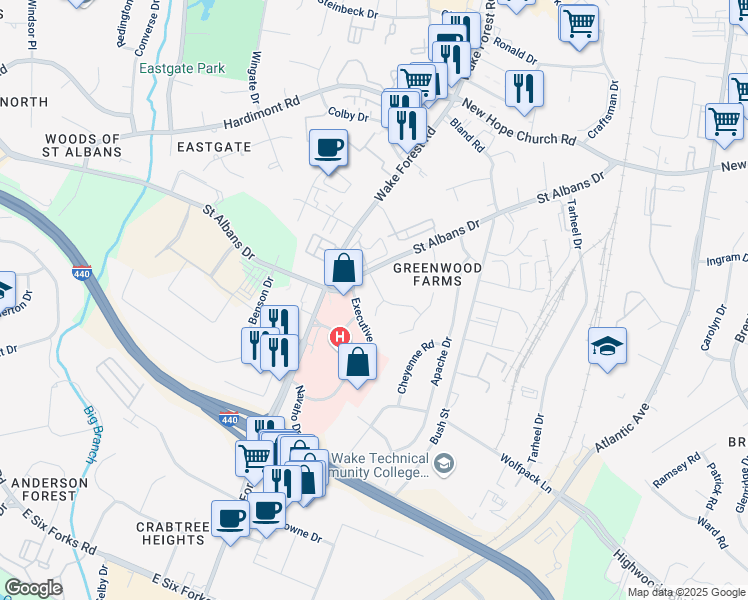 map of restaurants, bars, coffee shops, grocery stores, and more near 1311 Ingomar Place in Raleigh