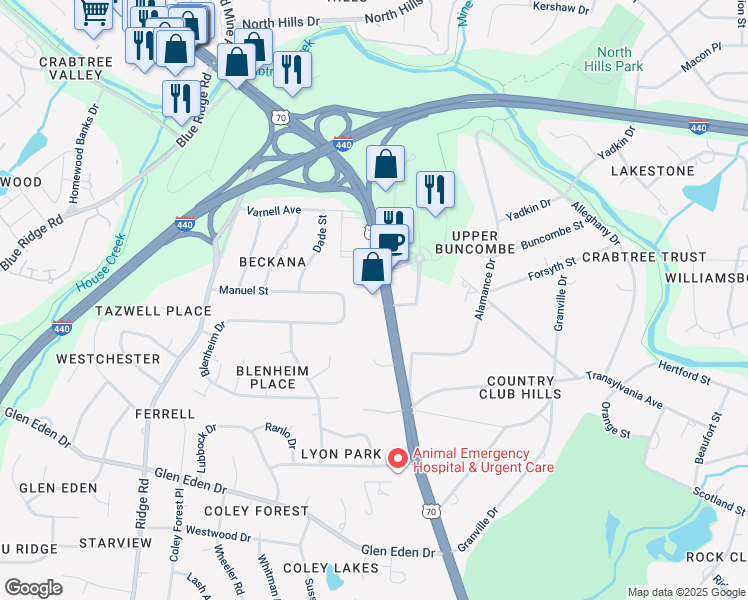 map of restaurants, bars, coffee shops, grocery stores, and more near 3737 Glenwood Avenue in Raleigh