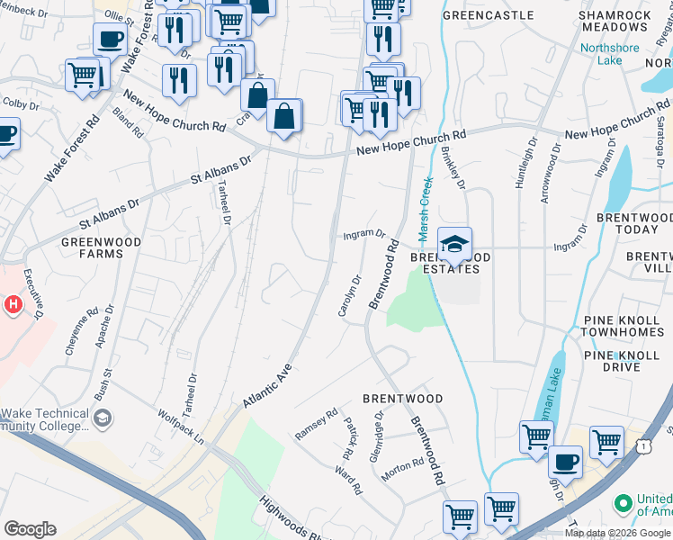 map of restaurants, bars, coffee shops, grocery stores, and more near 3500 Atlantic Avenue in Raleigh