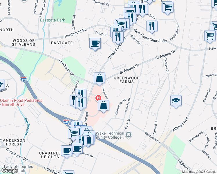 map of restaurants, bars, coffee shops, grocery stores, and more near 3604 Greenlawn Drive in Raleigh