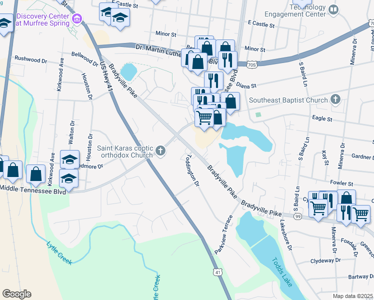 map of restaurants, bars, coffee shops, grocery stores, and more near 999 Bradyville Pike in Murfreesboro