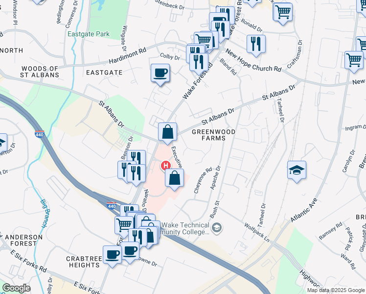 map of restaurants, bars, coffee shops, grocery stores, and more near 3604 Greenlawn Drive in Raleigh