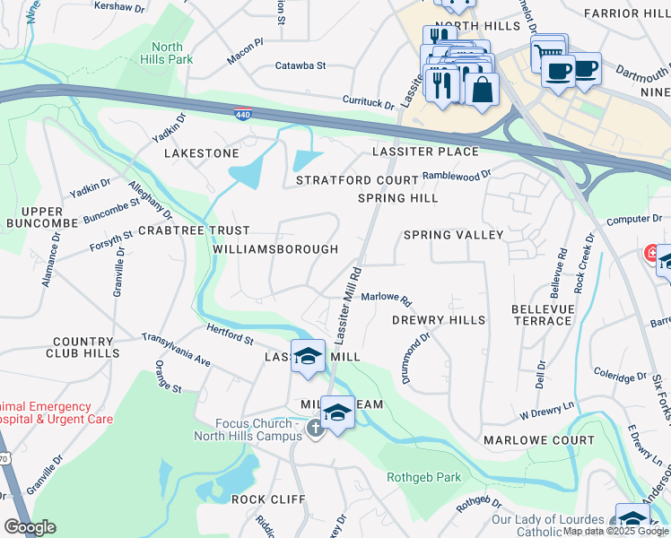 map of restaurants, bars, coffee shops, grocery stores, and more near 3703 Old Lassiter Mill Road in Raleigh