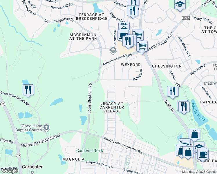map of restaurants, bars, coffee shops, grocery stores, and more near 251 Linden Park Lane in Cary