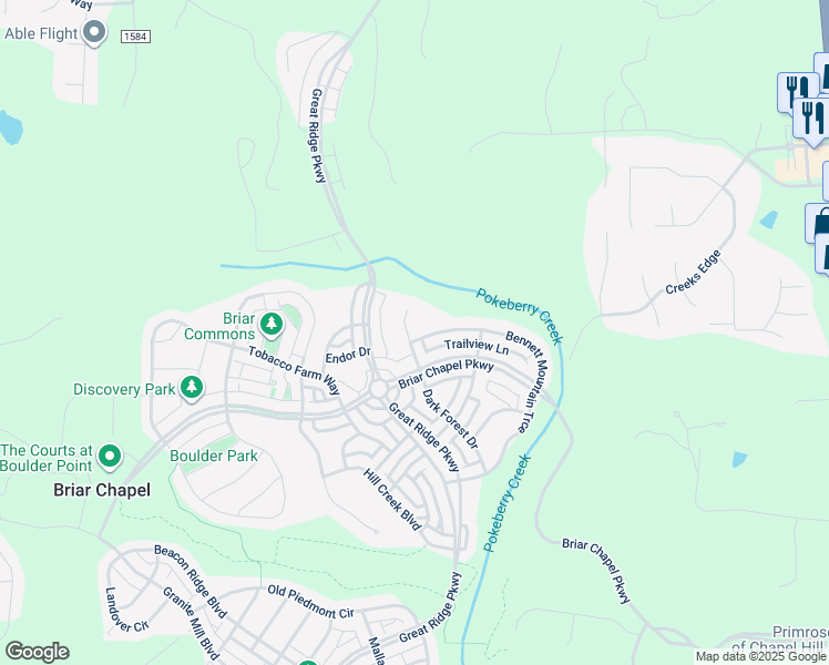 map of restaurants, bars, coffee shops, grocery stores, and more near 688 Bennett Mountain Trce in Chapel Hill