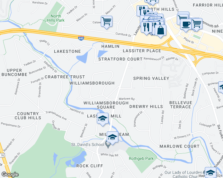 map of restaurants, bars, coffee shops, grocery stores, and more near 3703 Old Lassiter Mill Road in Raleigh