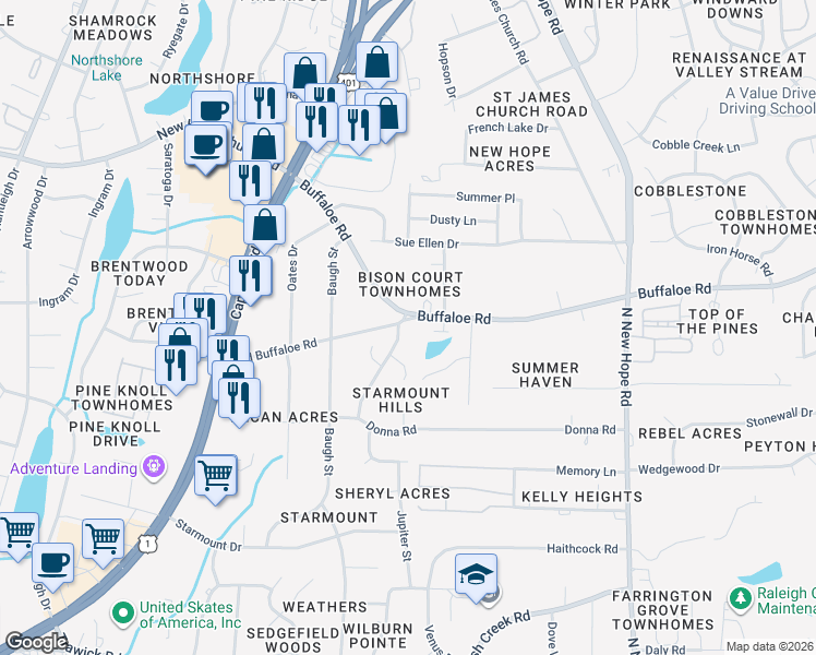 map of restaurants, bars, coffee shops, grocery stores, and more near 3608 Buffaloe Road in Raleigh