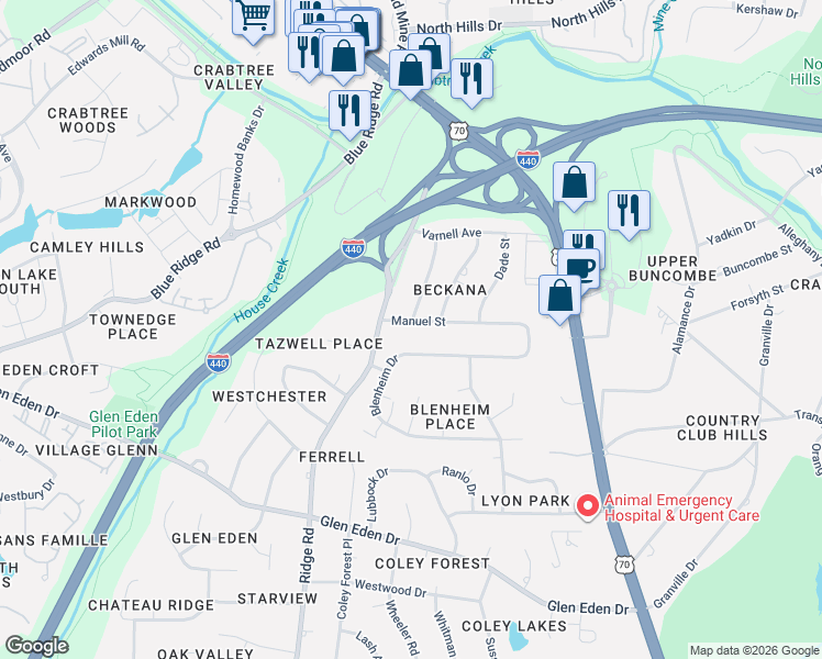 map of restaurants, bars, coffee shops, grocery stores, and more near 2102 Manuel Street in Raleigh