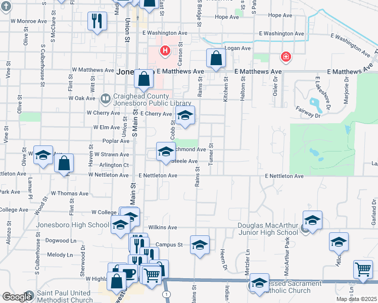map of restaurants, bars, coffee shops, grocery stores, and more near 421 Richmond Avenue in Jonesboro