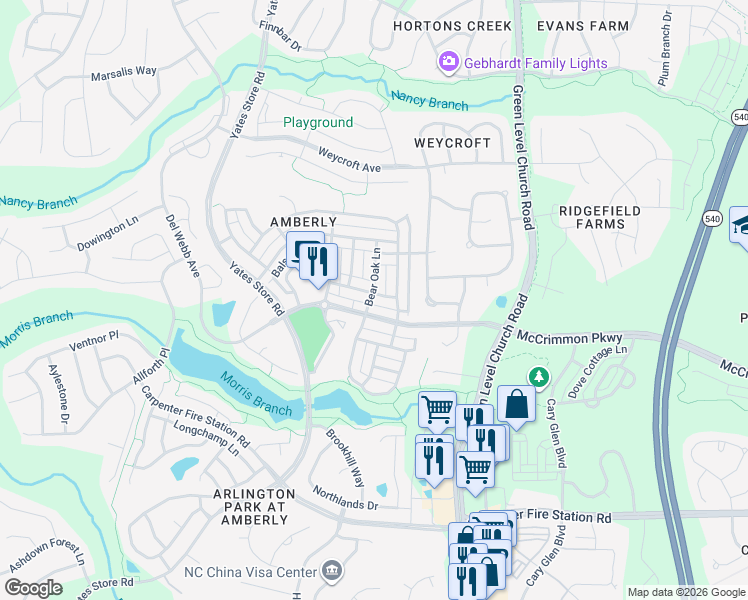 map of restaurants, bars, coffee shops, grocery stores, and more near 3002 Bear Oak Lane in Cary