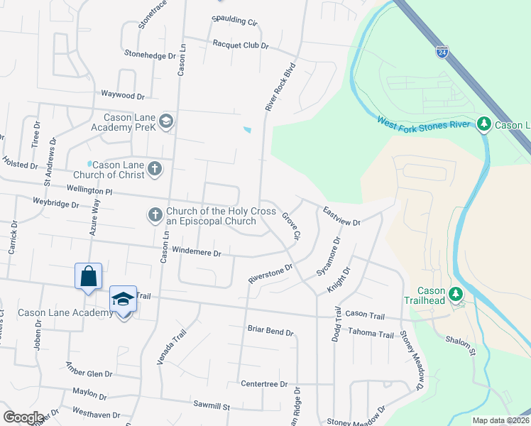 map of restaurants, bars, coffee shops, grocery stores, and more near 1003 River Rock Boulevard in Murfreesboro