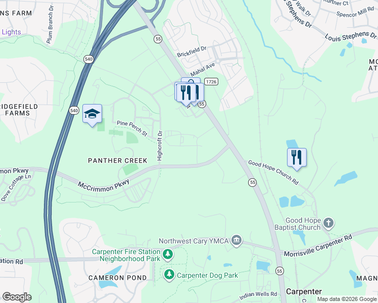 map of restaurants, bars, coffee shops, grocery stores, and more near 5110 Alston Glen Drive in Cary