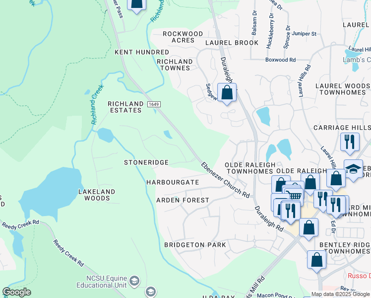 map of restaurants, bars, coffee shops, grocery stores, and more near 3812 Stoneridge Forest Drive in Raleigh