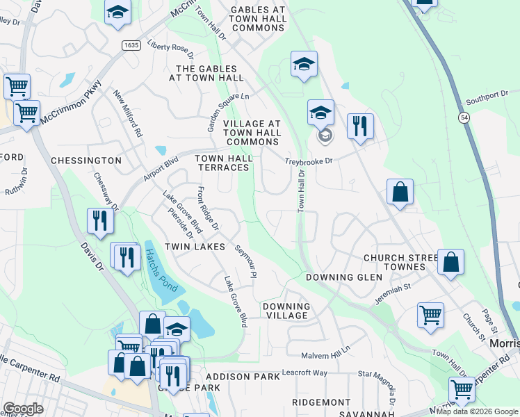 map of restaurants, bars, coffee shops, grocery stores, and more near 128 Singer Way in Morrisville