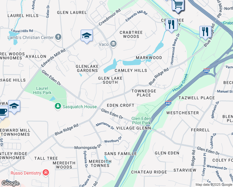 map of restaurants, bars, coffee shops, grocery stores, and more near 3808 Glen Iris Lane in Raleigh