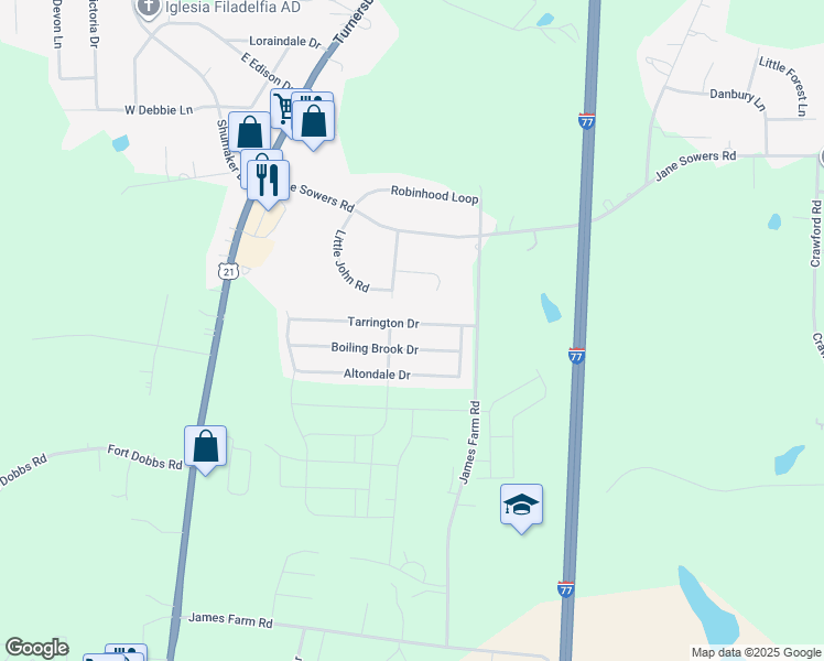 map of restaurants, bars, coffee shops, grocery stores, and more near 141 Tarrington Drive in Statesville