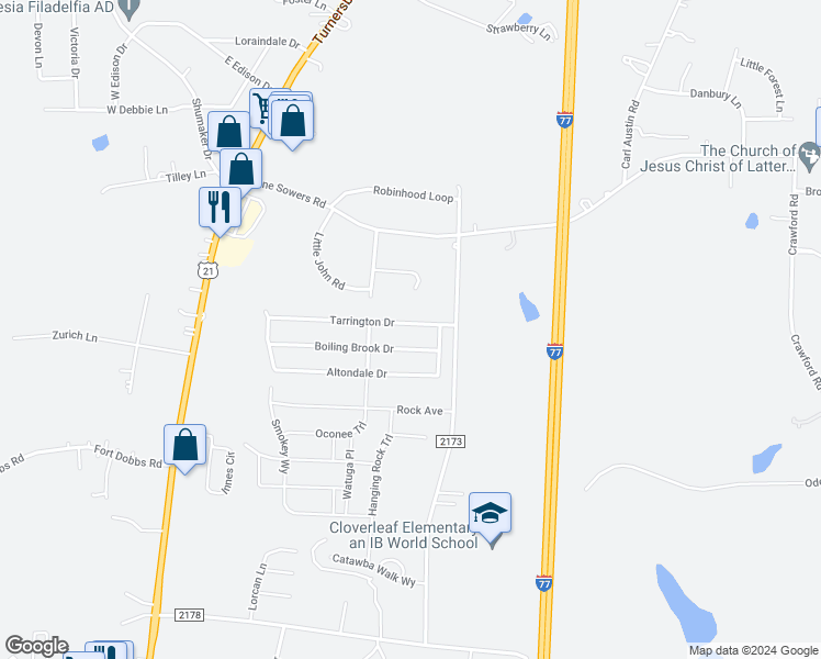 map of restaurants, bars, coffee shops, grocery stores, and more near 127 Tarrington Drive in Statesville