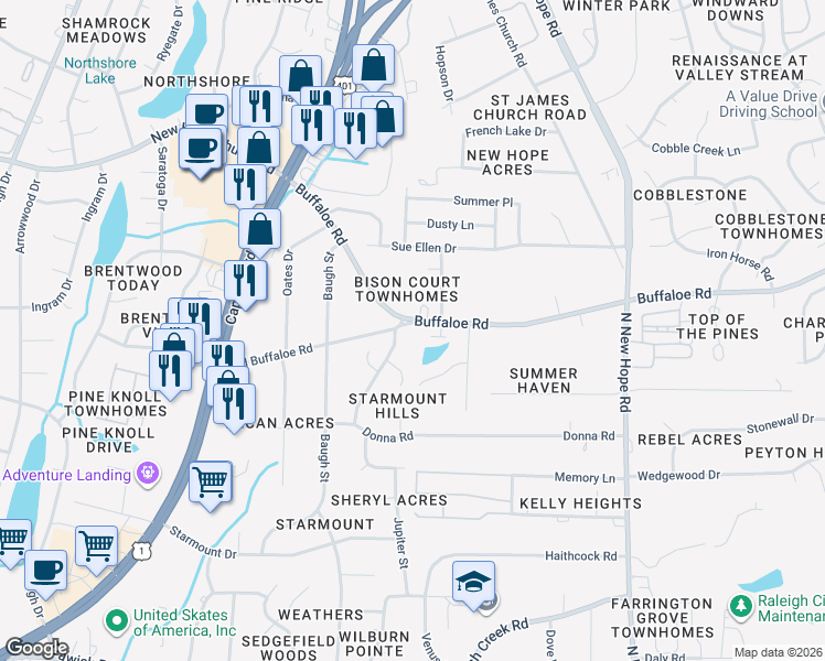 map of restaurants, bars, coffee shops, grocery stores, and more near 3608 Buffaloe Road in Raleigh