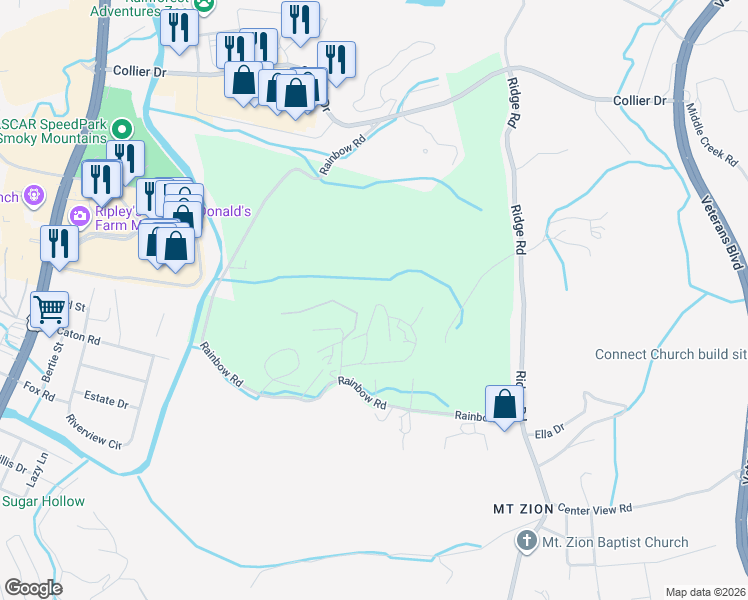 map of restaurants, bars, coffee shops, grocery stores, and more near 1563 Rainbow Ridge Way in Sevierville