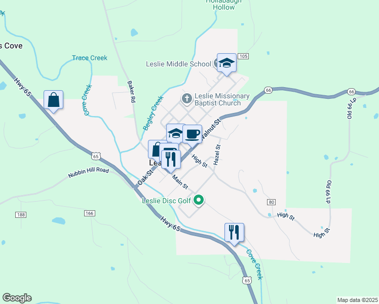 map of restaurants, bars, coffee shops, grocery stores, and more near in Leslie