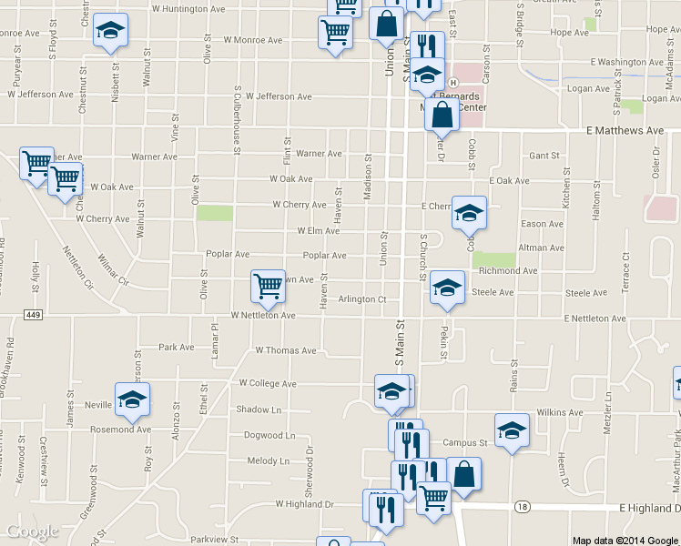 map of restaurants, bars, coffee shops, grocery stores, and more near 314 W Strawn Ave in Jonesboro