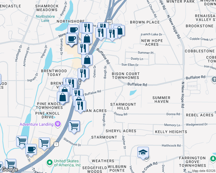 map of restaurants, bars, coffee shops, grocery stores, and more near 3407 Old Buffalo Road in Raleigh