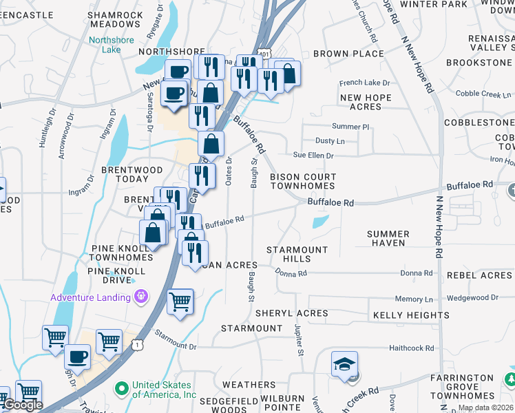 map of restaurants, bars, coffee shops, grocery stores, and more near 3407 Old Buffalo Road in Raleigh